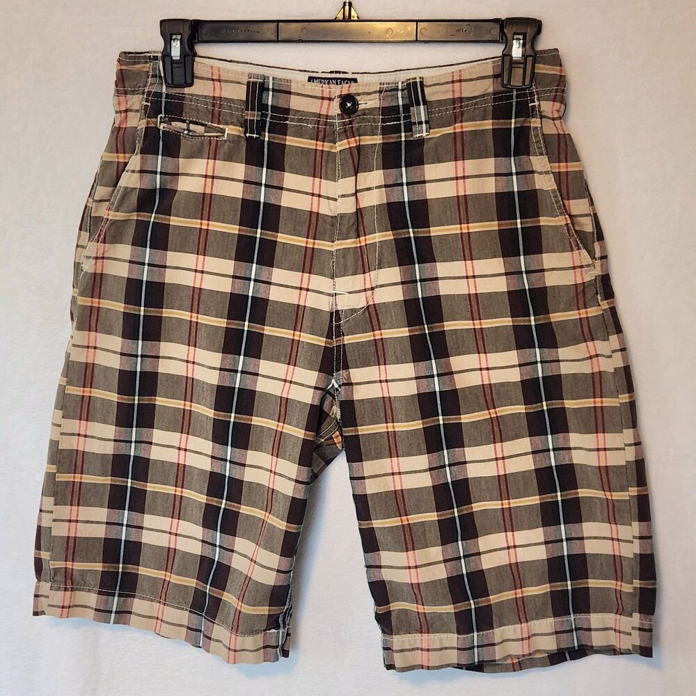 Vtg American Eagle Men’s 32 11" Baggy Madras Plaid Shorts Y2K Cotton Tan Black